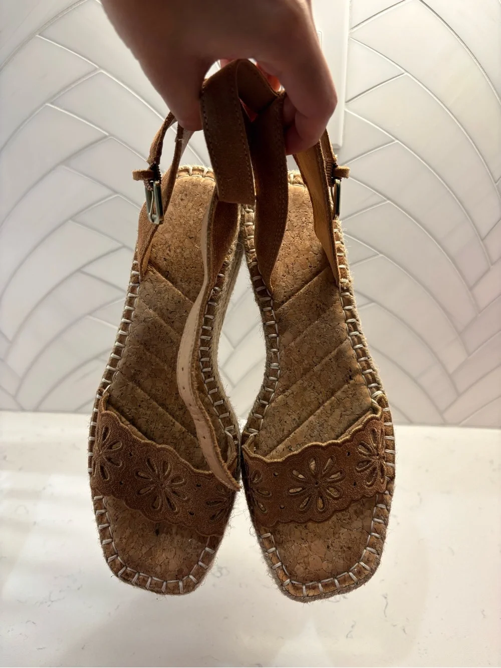 Crown Vintage Tan Suede Floral Cutout Espadrille Wedge Sandals